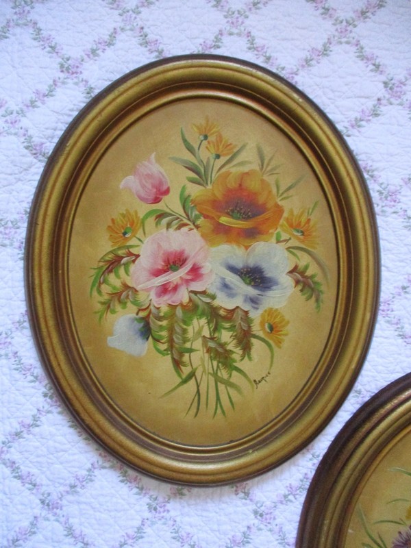 Vintage Oil Painting Set Antique Framed Oval Floral Flowers Still Life gallery