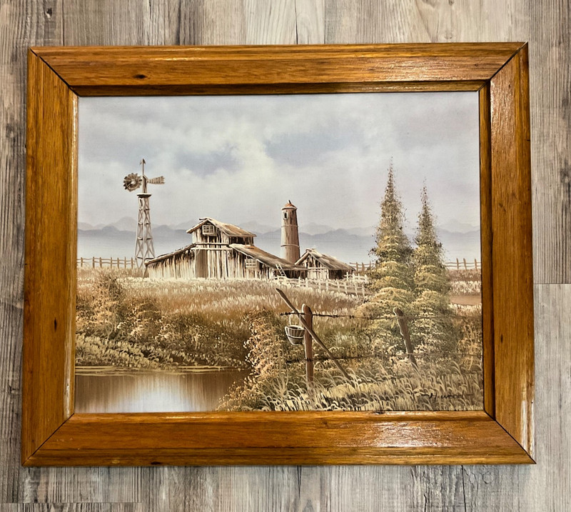 Original Framed Oil Painting of Barn Windmill Farm Landscape Signed H. Wood