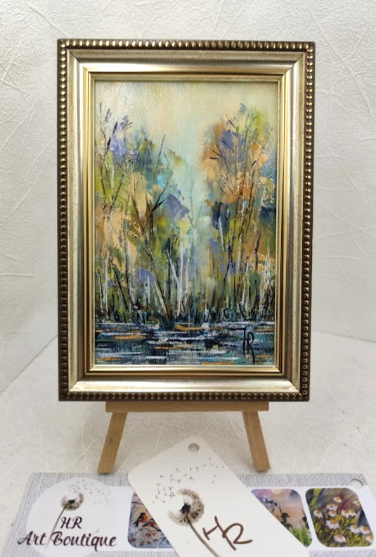 Original Oil Painting 4x6 in Framed Signed Abstract Forest Landscape Impasto Art gallery