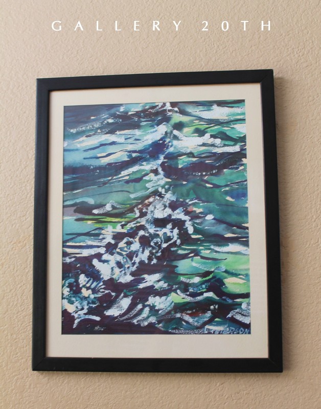 NICE! MCM ABSTRACT PAINTING! ART 60s GOUACHE MID CENTURY MODERN BLUE WAVES VTG