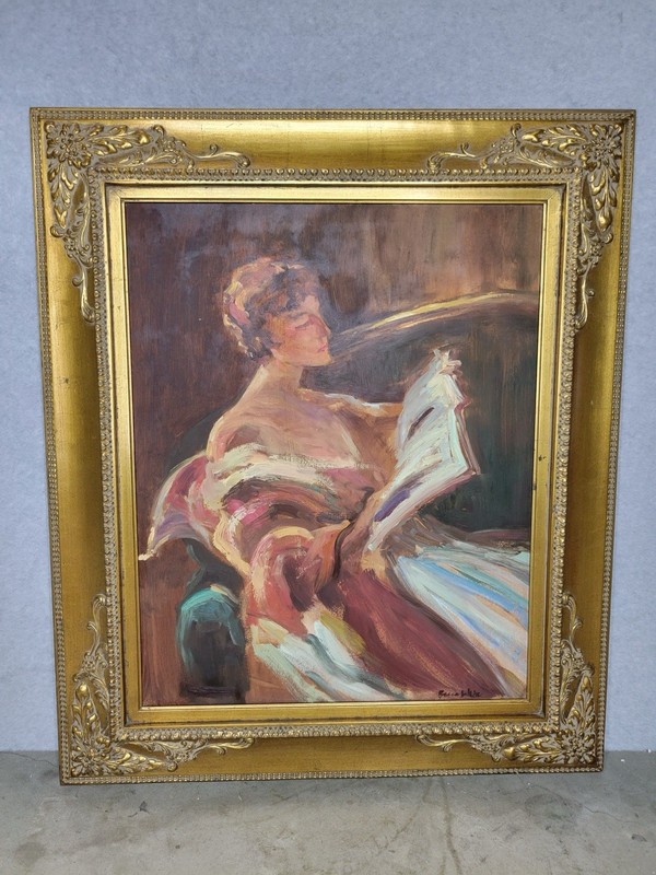 Becca White Oil Painting Woman Reading in Ornate Gold Frame Signed 40”x34”