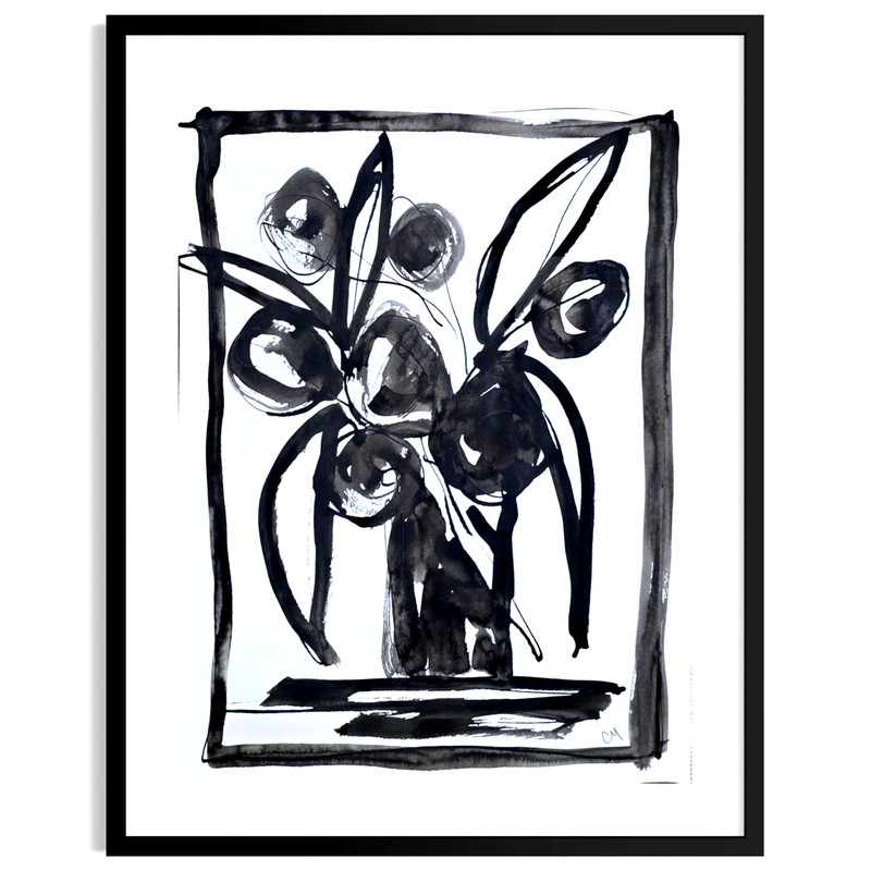 Original Minimalist 9×12 Acrylic Botanical Painting Black White Paper Signed Art