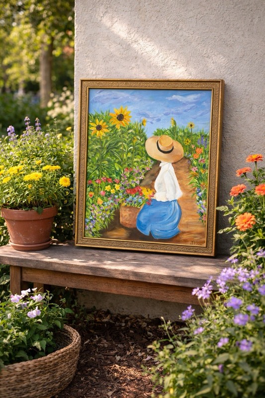 Flower Garden Painting Woman In Hat 16 x 20″ Framed Hand Painted