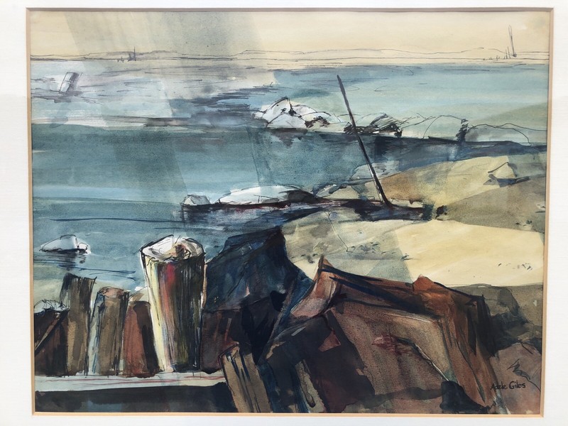 Signed Adele Giles Mid Century WC Of A Rocky Beach 16” X 18 1/2” gallery