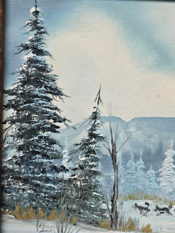 Alaska Winter Scene Painting Sleeping Lady Mt. Susitna Husky Dog Sled Team gallery