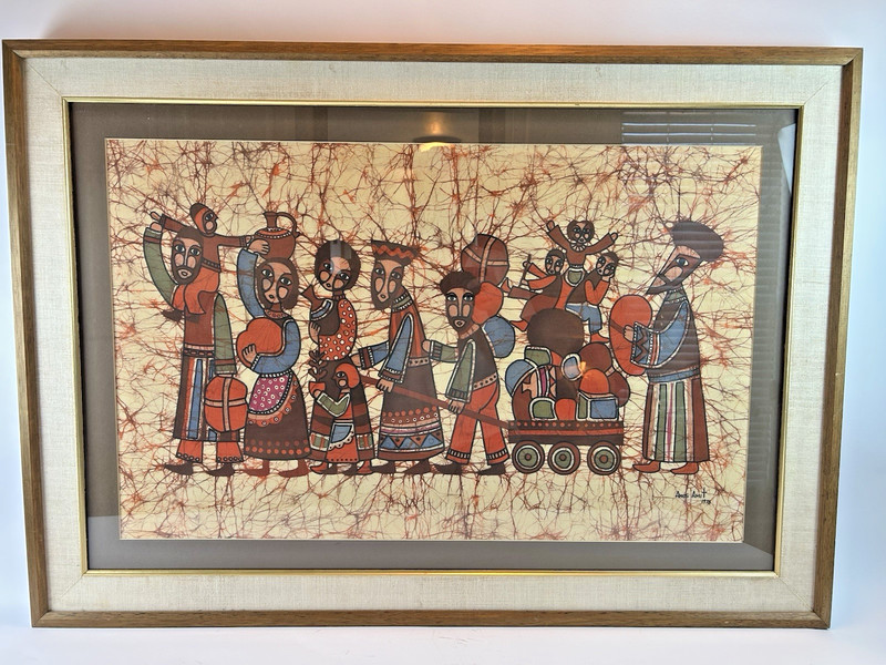 Amos Amit Original Batik – Signed 1978 – Large Framed Judaica Folk Art Scene