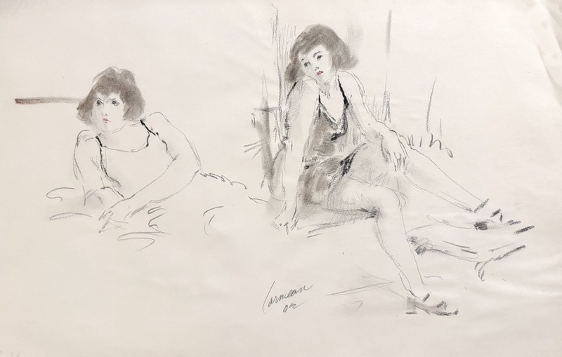 Harry Carmean impressionism drawing of seated woman has flaws