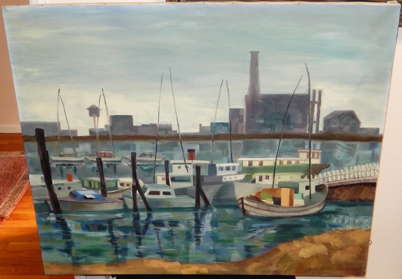 VIRGINIA TRAUTNER «FISHERMAN’S WHARF» SAN FRANCISCO OIL ON CANVAS LARGE PAINTING