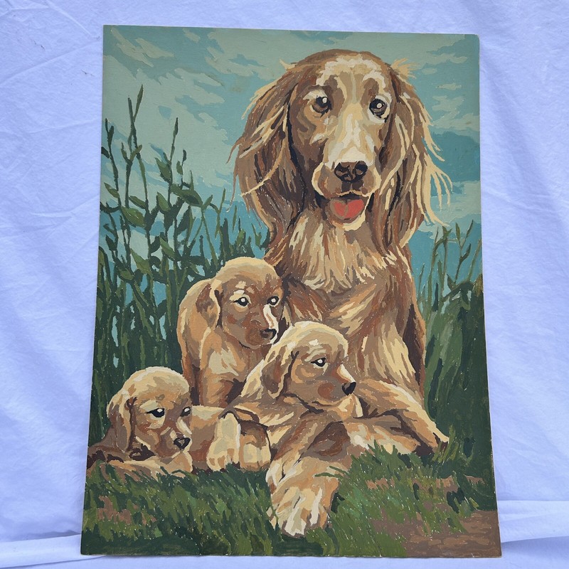Vtg 70s Paint By Number Craft House Family Affair GOlden Dog Puppies 12×16