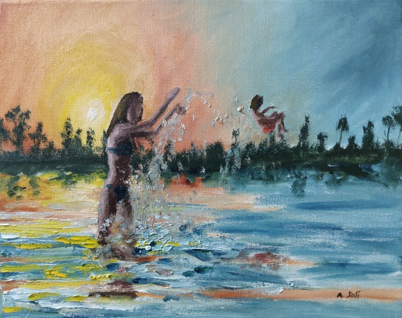 Oil Painting Woman Mother Kid Child in Lake Sunset Landscape Art A. Joli