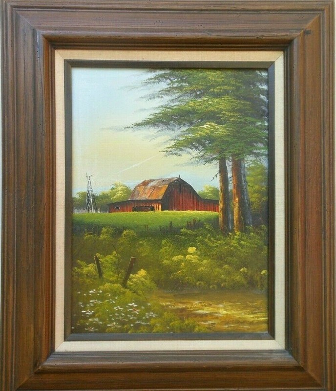 Everett Woodson Oil Painting Rural Farm Scene Red Barn on Canvas Framed 16 x 12″