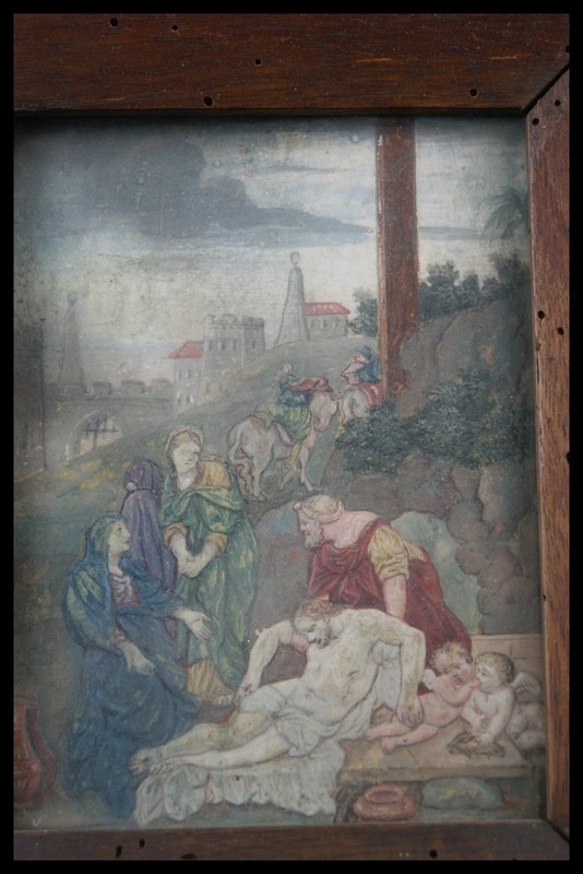 † 18TH BURIAL OF JESUS CHRIST HANDPAINTING PASTED on CARDBOARD WOOD FRAME †