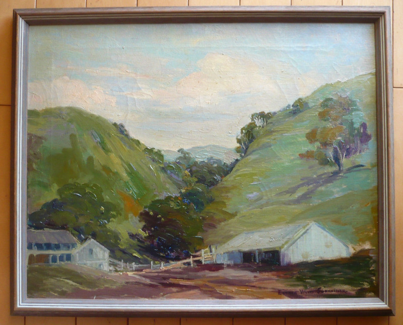 ESTHER WOOD SCHNEIDER LISTED Camp Comfort OJAI CA CALIFORNIA PLEIN AIR BARNS OIL