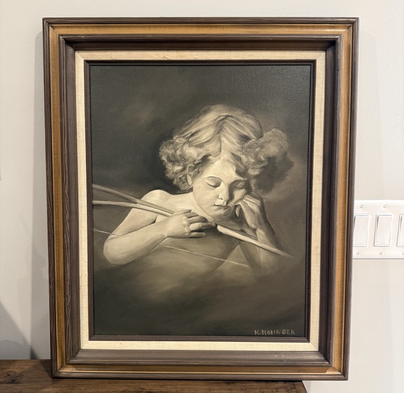 Vintage K Nodinger Signed Oil Painting Girl With Bow Portrait Framed 16×20