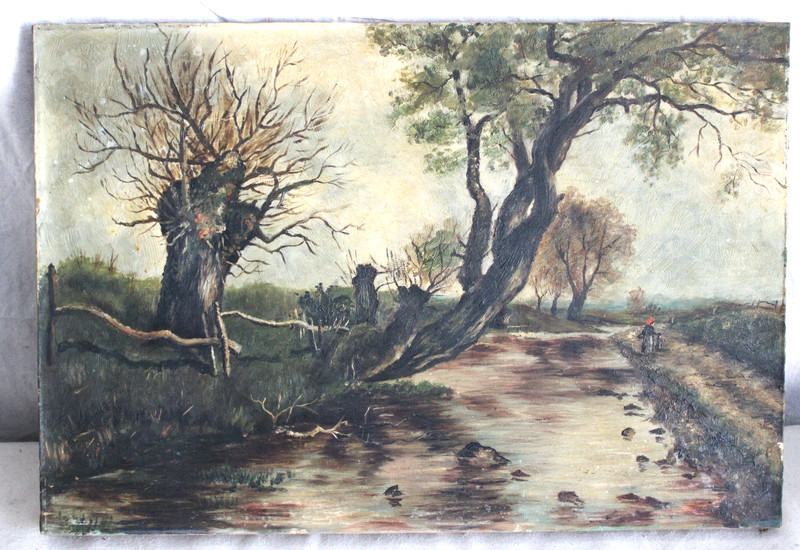 ANTIQUE VICTORIAN ORIG OIL PAINTING RIVER LANDSCAPE COUNTRY PRIMITIVE CANVAS