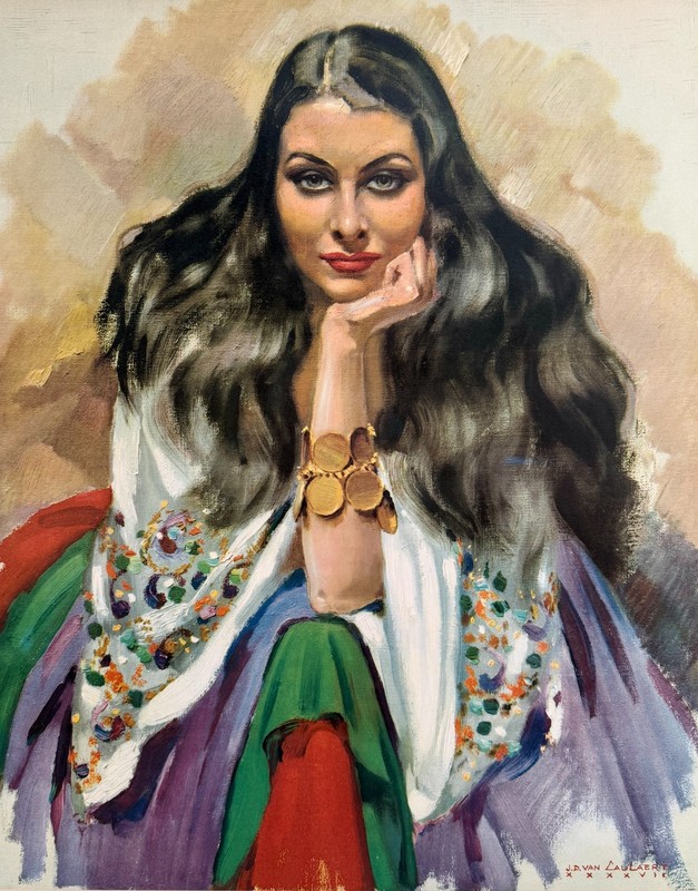 Jean Van Caulaert French Art Deco Oil Portrait Painting Gorgeous Gypsy Woman gallery