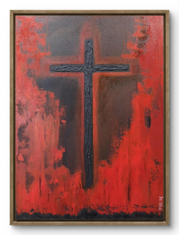 Original Dark Art 12×16 «Crimson Benediction» Abstract Cross Wall Painting