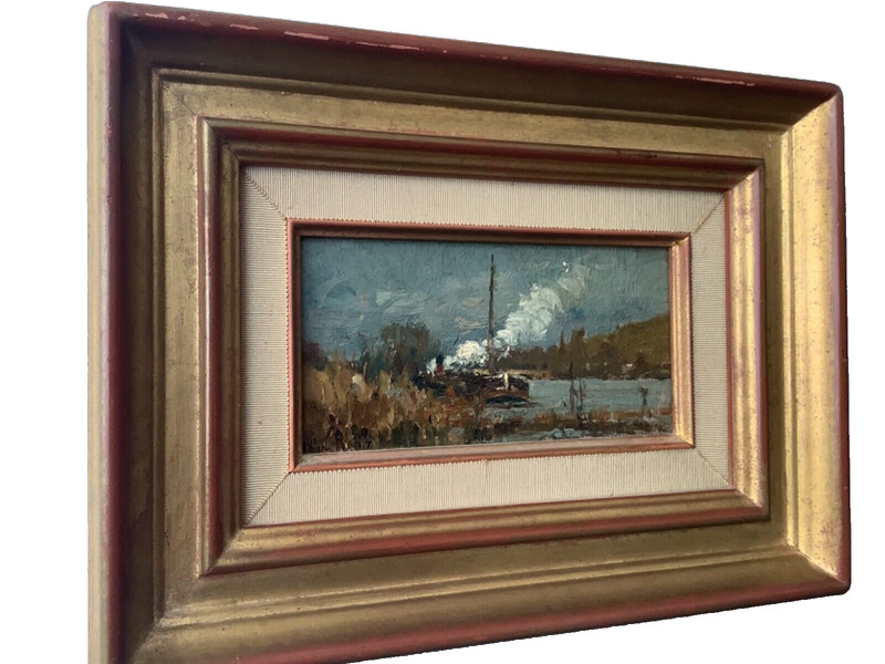 MID 20th FRENCH IMPRESSIONIST OIL PAINTING SIGNED RODIER - RIVER BARGE - FRAMED gallery