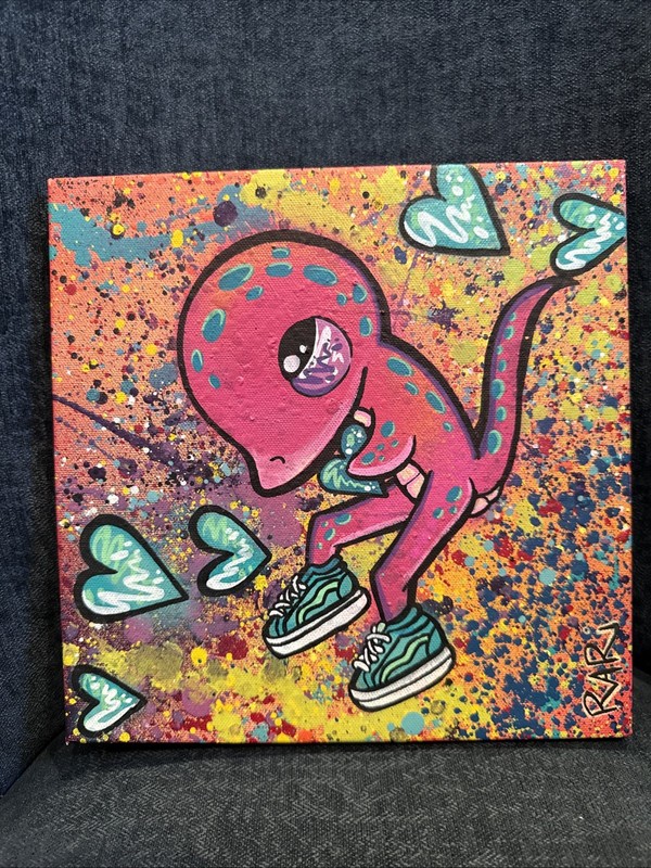 Original RARI Street Art Dinosaur Painting Pink Dino in Sneakers Canvas Pop Art