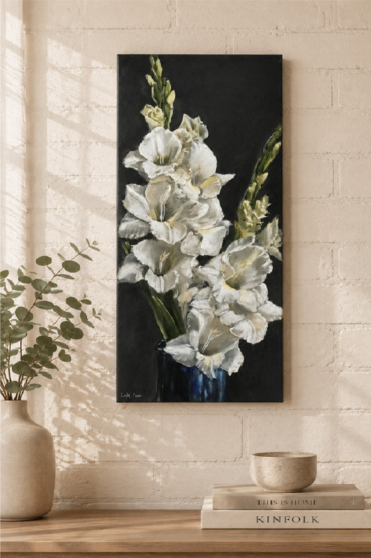 White Gladiolus bouquet original oil painting Sword Lilies
