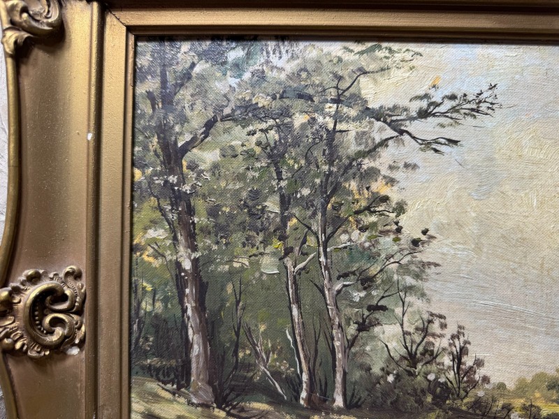 Mathews 1953 "Landscape With Pond And Home Scene" Oil Painting - Signed/Framed gallery