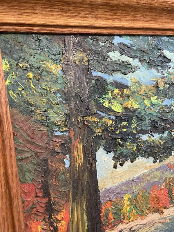 VTG Original Oil Painting 3D Palette Knife Forest Landscape Wood Frame 12x16 MCM gallery