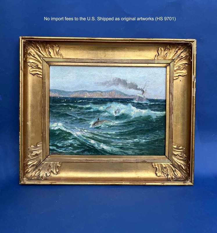 Carl Barth (1847) Marine Oil – Dolphins & Ship in Italian Port. 1903 – COA