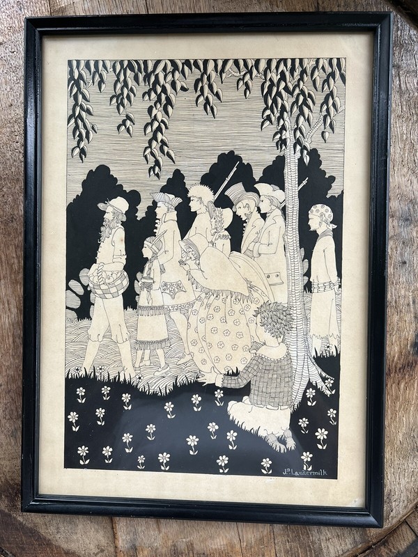 Antique Original Ink Drawing Pilgrims By Jerome Douglas Laudermilk
