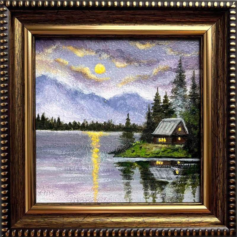 SUMMER LANDSCAPE ORIGINAL Acrylic Painting Mountain Lake Night House 4 x 4 in