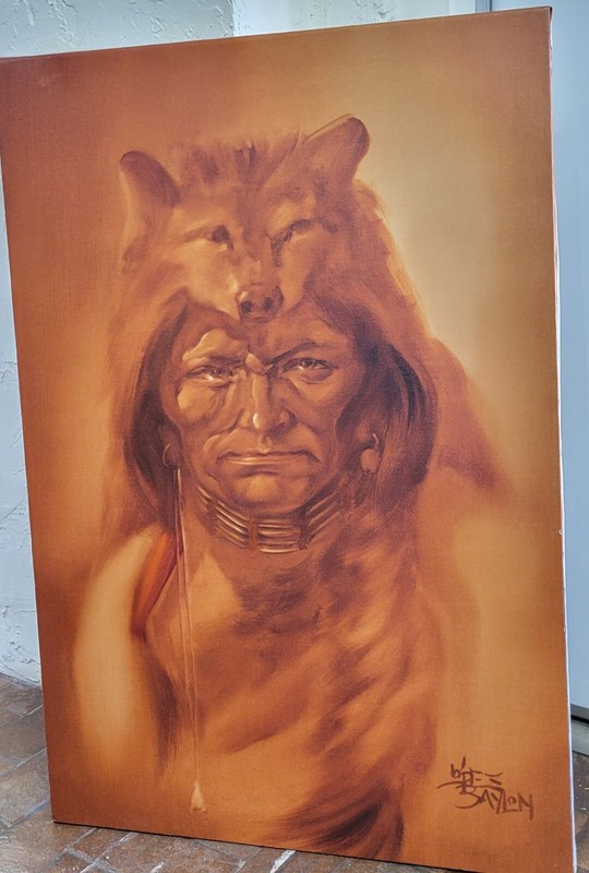 original painting Lisandro Lopez Baylon (1951-) Native American w/ wolf on head