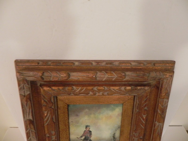 Art Painting Girl next to Fire in Field in Ornate Wood Frame ,Enamel or Acrylic? gallery
