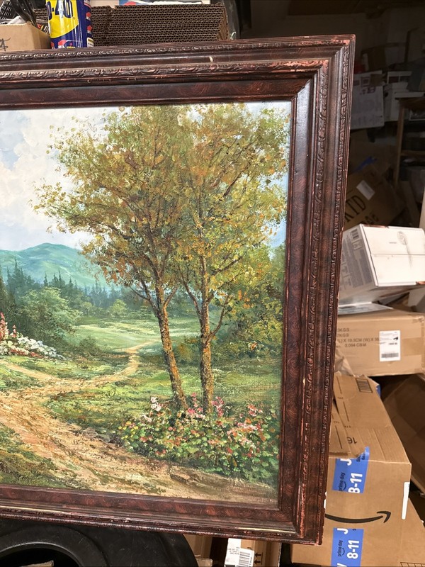 HUGE!! 42x30” Framed Landscape REAL Oil Painting Signed Forest Mountains Cottage gallery