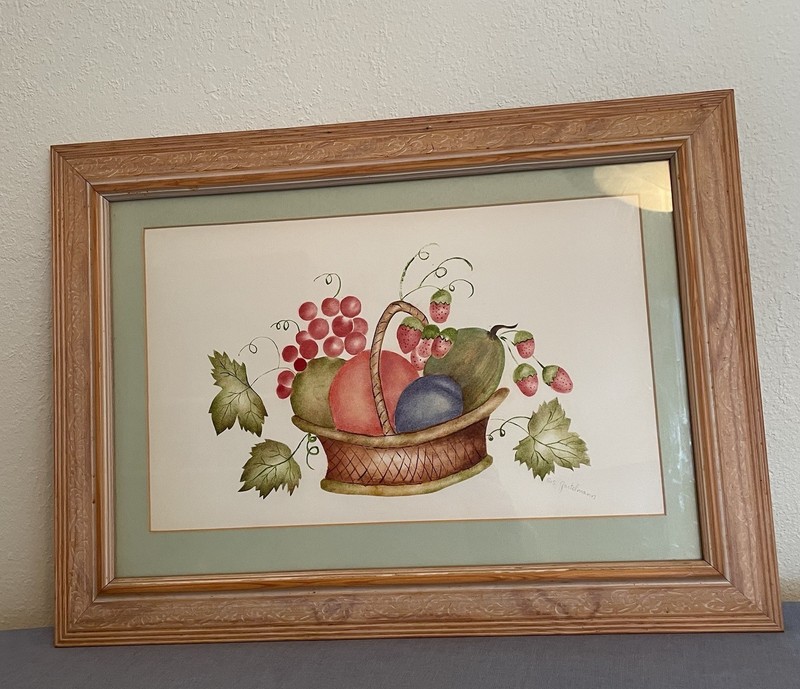 Vintage Fruit Basket Still Life Painting Framed 17”x12”