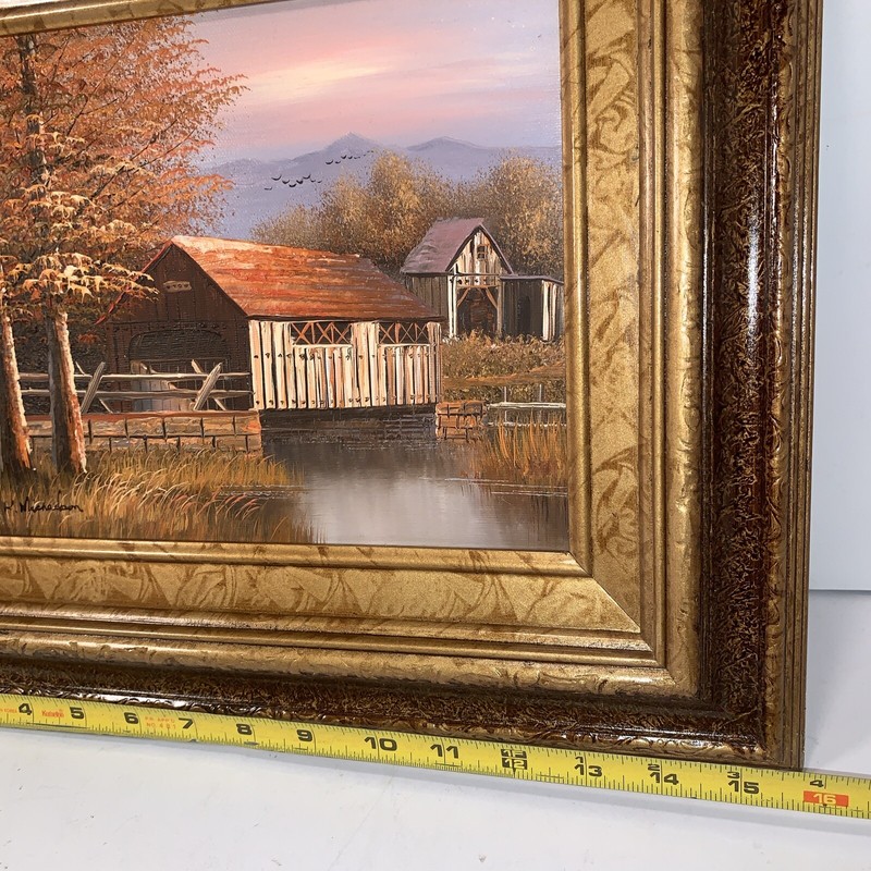 K Michaelson Grist Mill Covered Bridge Fall Oil Painting Signed Framed VTG 14X16 gallery