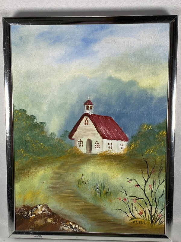 Original Acrylic on Canvas Country Pathway To Church By Vella 1993 Framed gallery