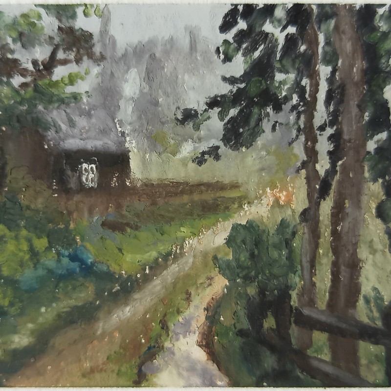 Original ACEO Forest Cabin House Landscape Foggy Moody Nature Mini Painting OOAK
