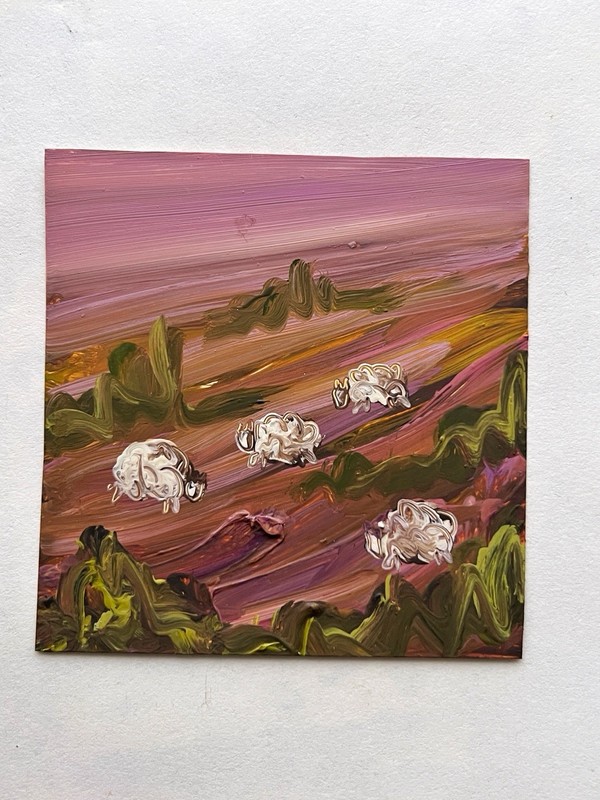Tranquil Provence Sheep Amid Lavender Swirls & Sunset Highlights - Tiny Oil Art gallery