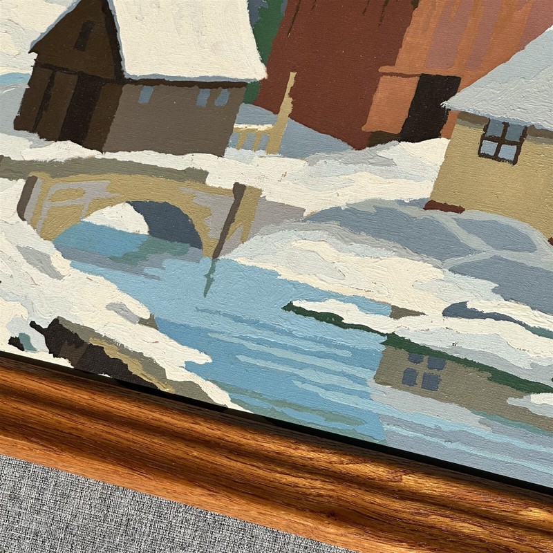 Vintage Painting Paint By Number Winter Country Scene Barns Bridge Craftmaster gallery