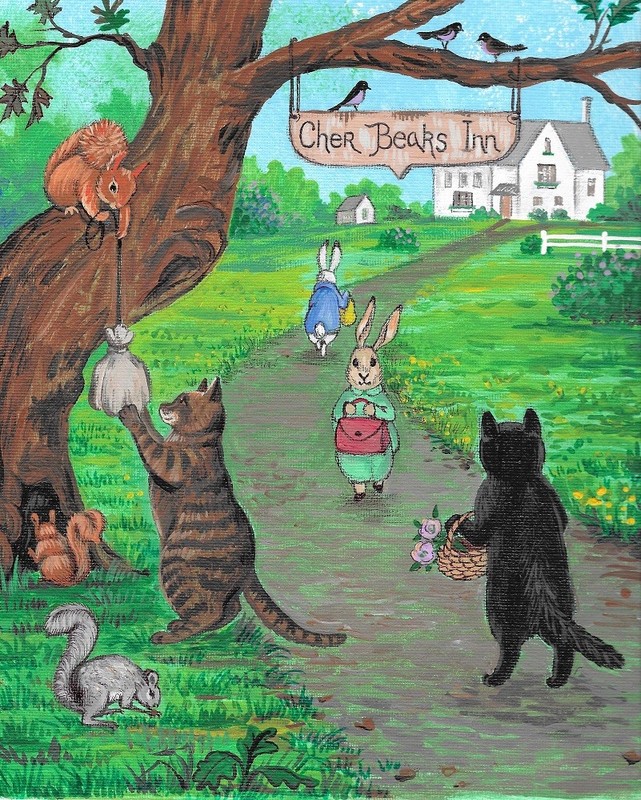 8X10 PRINT OF PAINTING RYTA EASTER BLACK CAT TABBY BUNNY RABBIT SPRING Folk Art