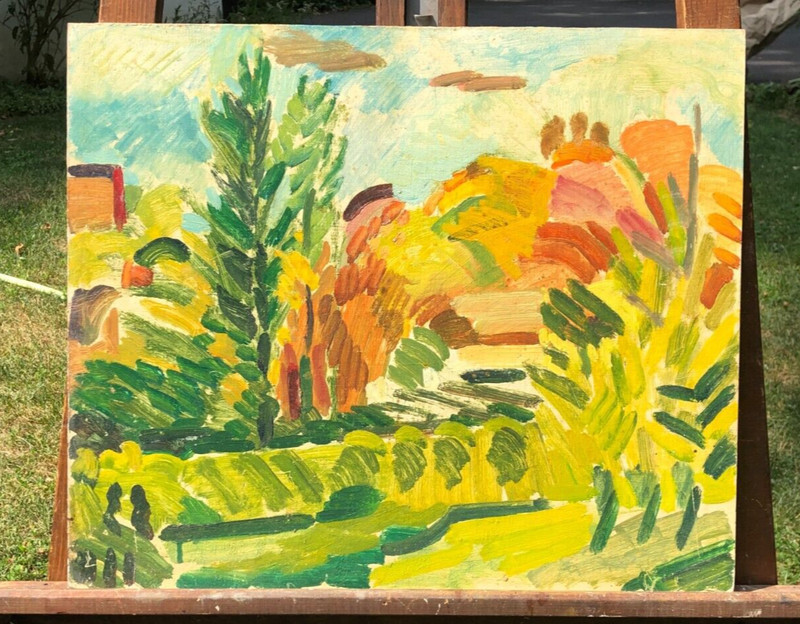 Landscape with Houses Impressionist Oil Painting-17" x 20"-1980s-I.L. Winarsky gallery