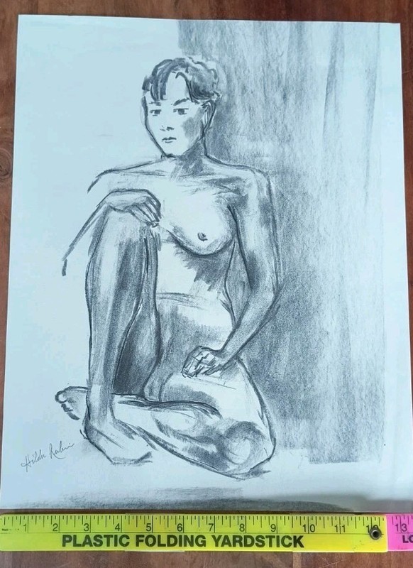 Hilda Rubin Listed Artist Signed Charcoal Drawing Nude Woman 1960s? MCM #8