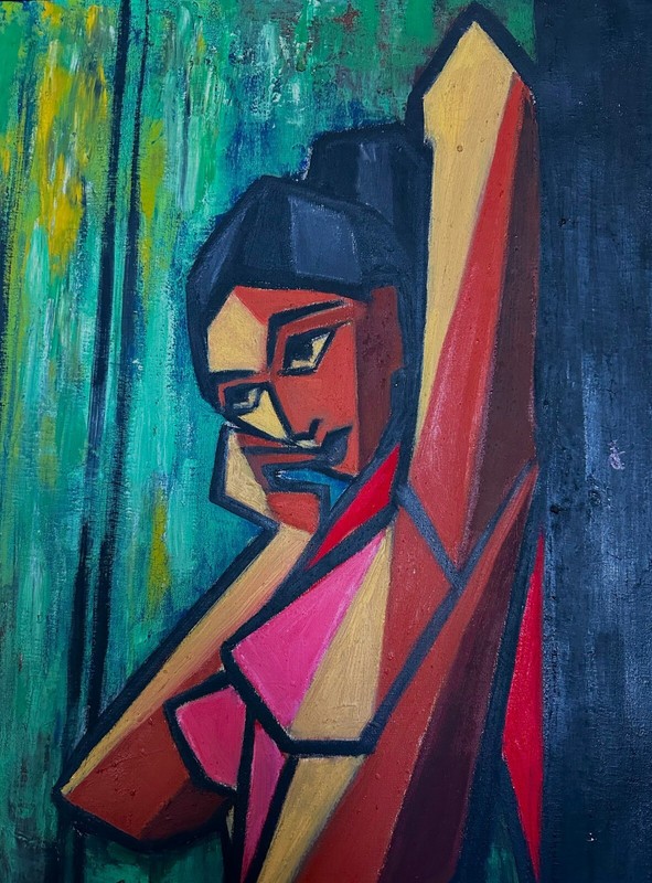 Signed Original Indian/Asian Figural Portrait Cubist oil on Canvas Painting gallery