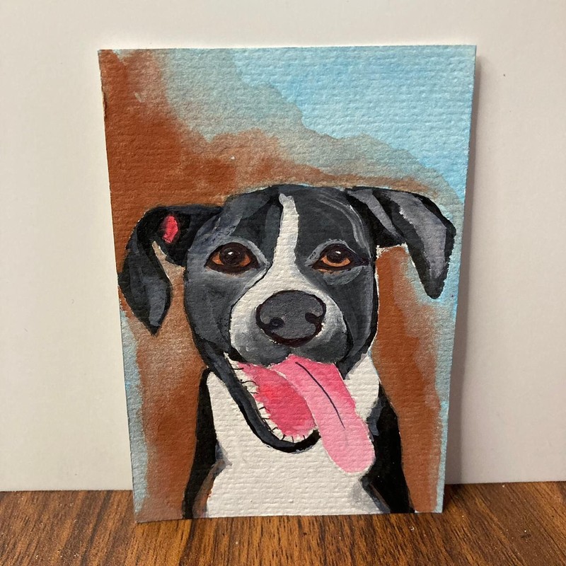 ACEO Watercolor Painting Dog Portrait Pet Black & White Dog Art Unframe NEW