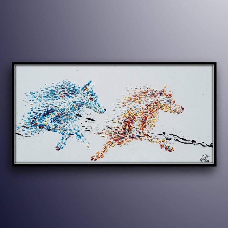Painting 55″ Wolves, animal artwork Beautiful warm and cold coloreds, handmade