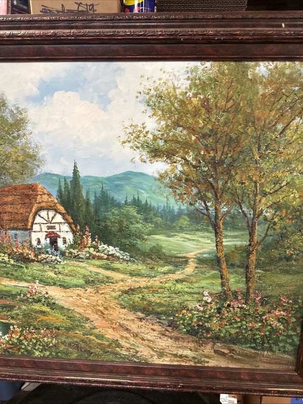 HUGE!! 42x30” Framed Landscape REAL Oil Painting Signed Forest Mountains Cottage gallery