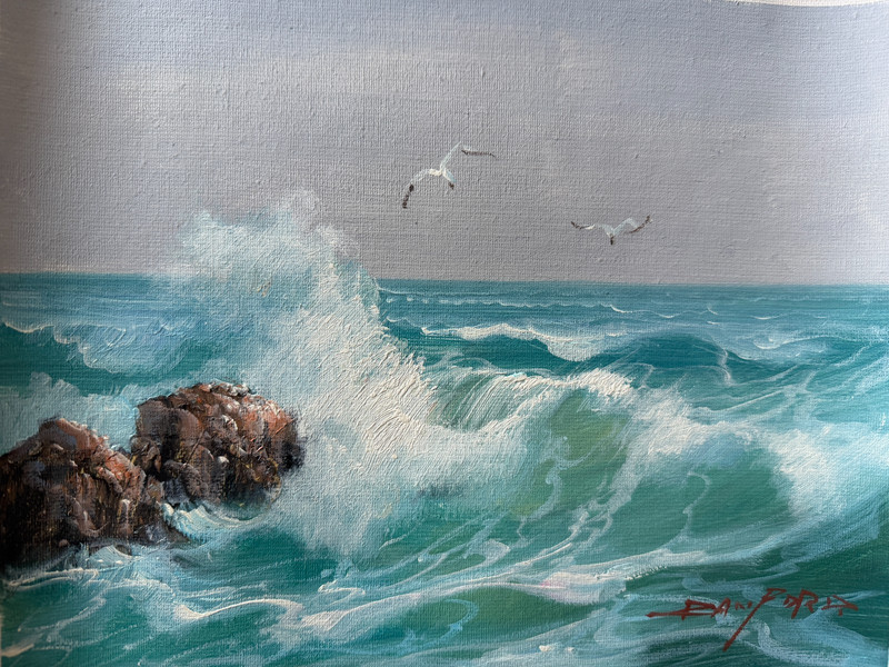 Signed Seascape Oil Painting on Canvas unstretched Coastal Waves Rocks Landscape