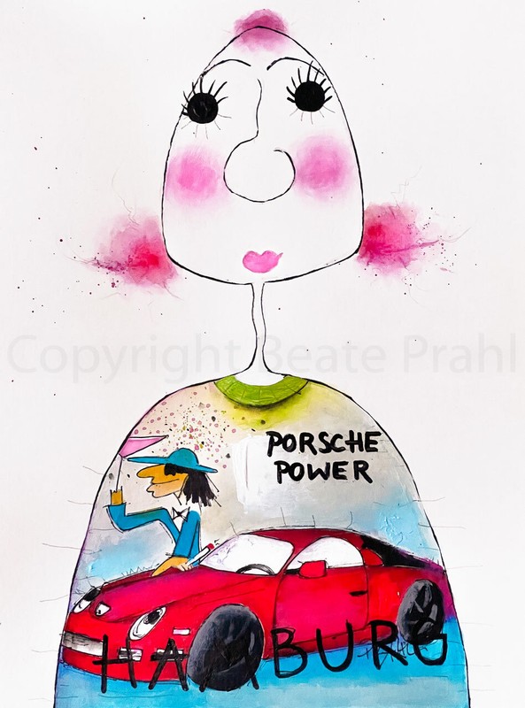 Art Beate Prahl, Hedda, Udo Lindenberg comic, Porsche, acrylic on artist paper