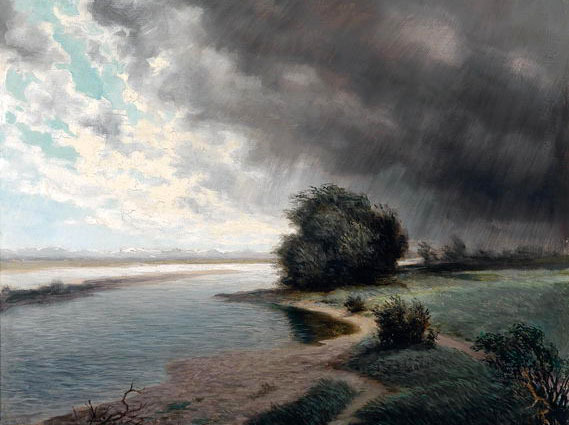 Stunning Oil painting summer landscape by river with storm Fierce wind art 36″