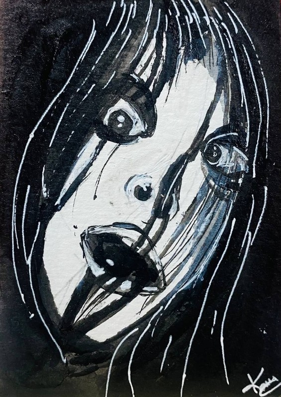 ACEO Original Acrylic Painting Gothic Haunted Lady Face Horror Dark Portrait Art