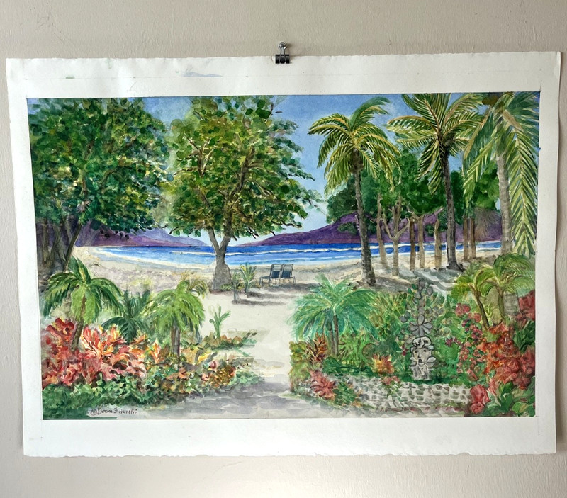 Original Watercolor Painting – Tropical Beach Scene by Joan F. Hanifin – Coastal